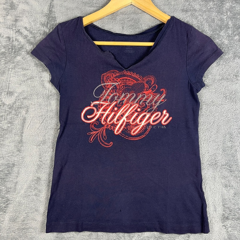 Tommy Hilfiger T Shirt Womens XS Navy Blue Graphic Print Cap Sleeve Split V Neck